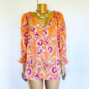 NWT Gorgeous Mlle Gabrielle 1X Orange Floral print  Gauzy Button Down Tunic Top